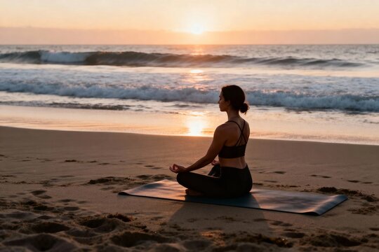 Woman practicing yoga on the beach at sunset