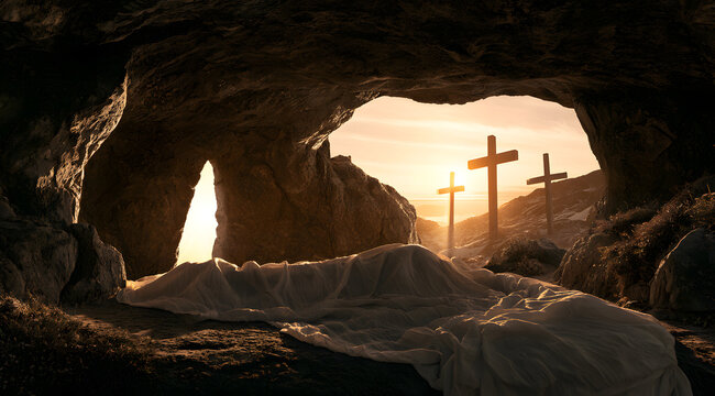 A tomb devoid of bodies, featuring a burial cloth and three crosses, illuminated by morning light