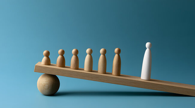 Wooden humanoid statues placed on an incline symbolizing social disparities and economic divides.