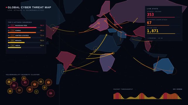 A captivating 4K animated global cyber threat map showcasing live attacks and vulnerabilities with glowing arcs and real-time statistics on a dark geopolitical background.