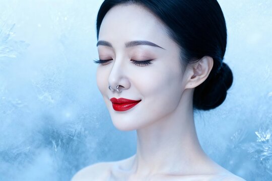 Portrait of a woman with closed eyes, red lipstick, and dark hair styled in a bun against a frosty blue background