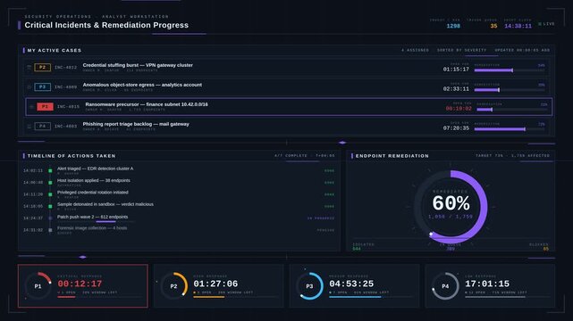 A sleek, modern security analyst dashboard displaying critical incidents and remediation progress with interactive elements and vibrant colors for effective monitoring.