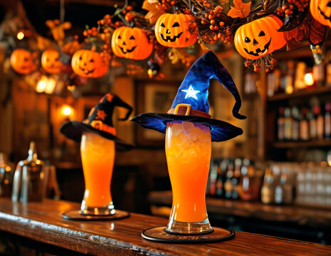 Halloween themed bar offering two festive orange cocktails with witch hats on a wooden counter. Surrounded by glowing jack-o'-lanterns and autumn decorations