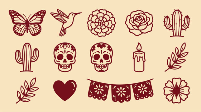 Decorative dia de los muertos icon set vector featuring traditional mexican holiday symbols for creative graphic design projects