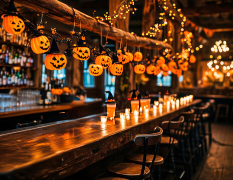 Halloween bar interior decorated with carved pumpkin lanterns, string lights, and autumn foliage, creating a festive and inviting atmosphere for holiday celebrations