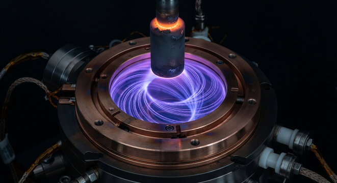 Magnetoplasmadynamic thruster core featuring tungsten cathode and copper anode with purple-blue plasma arc discharge