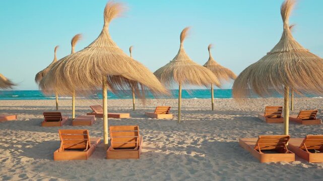 Empty wooden sunbeds and thatched umbrellas on a beautiful mediterranean beach with a blue sea
