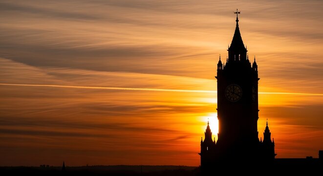 Gothic clock tower at sunset silhouette