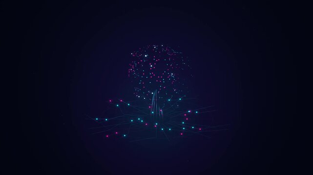 Glowing Network Tree Structure With Floating Neon Particles In A Dark Digital Cyberspace Background