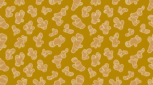 Seamless Ginger Root Pattern on Ochre Background, Hand-Drawn Spice Illustration for Kitchen Decor and Food Packaging