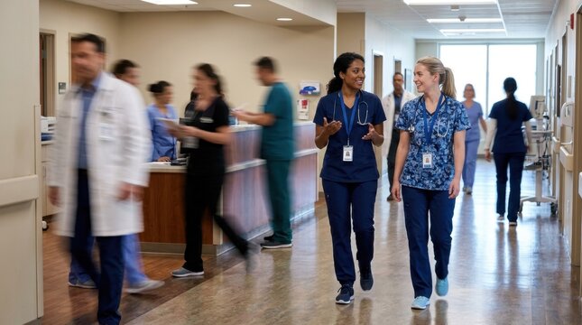 Diverse female doctors in medical scrubs walking and talking together in busy hospital corridor