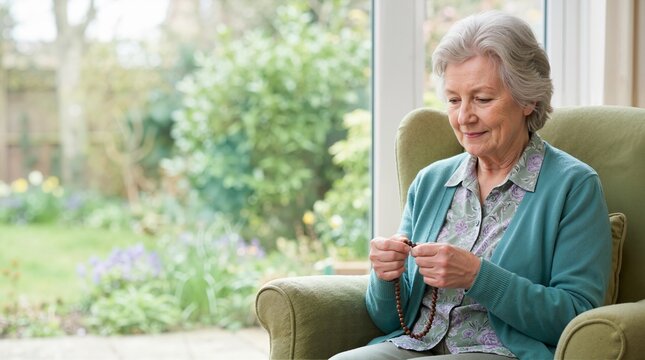 Senior woman holding a rosary sitting in an armchair. Elderly female praying quietly near a window with a garden view