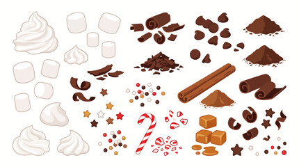 Fototapeta premium Assorted Hot Chocolate Toppings Including Whipped Cream Marshmallows Cinnamon Sticks and Candy Cane Vector Illustration