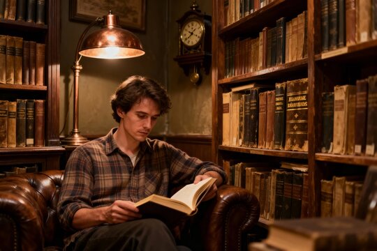 A person reading a book in a cozy, dimly lit library surrounded by wooden bookshelves and vintage decor.