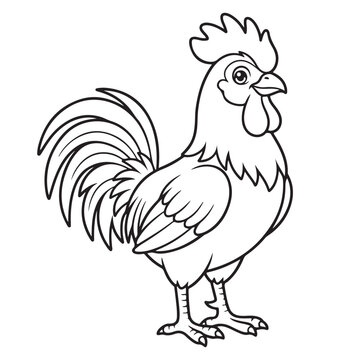 Cute cartoon rooster outline line art illustration. Black and white farm bird character with comb and tail for kids coloring page activity book.