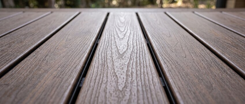 Wood plastic composite deck board texture in perspective. Outdoor patio flooring planks with realistic grain pattern