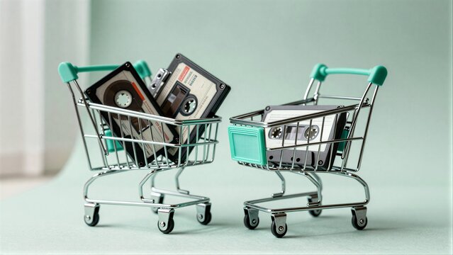 Two miniature shopping carts filled with vintage cassette tapes.