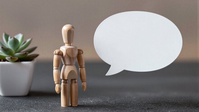 Wooden figure stands beside speech bubble, potted plant nearby on dark surface.