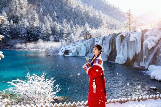 Woman in traditional red attire stands by a frozen waterfall and turquoise lake in a snowy mountain landscape