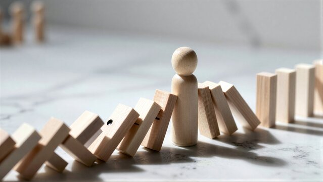 Wooden figure stands between falling dominoes, stopping the chain reaction.