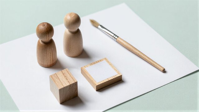 Wooden figures, brush, and blocks on white paper suggest creative collaboration or teamwork.