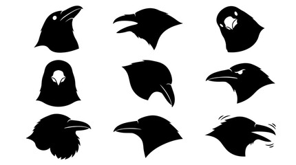 Fototapeta premium Set of Minimalist Black Crow Head Silhouettes for Wildlife Illustration and Nature Graphic Design Projects