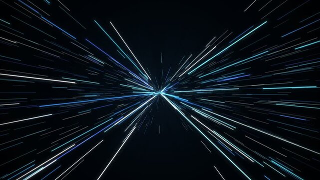 Futuristic Blue Light Speed Streaks Flying from Central Vanishing Point with Glowing Cyan Energy Trails on Dark Space Background, Seamless 4K Technology Motion Graphics Loop