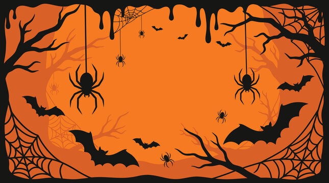 A spooky and vibrant halloween background featuring bats spiders and eerie branches perfect for festive designs and chilling october celebrations