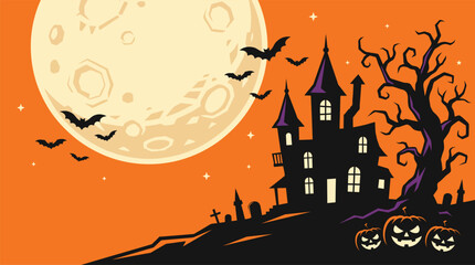 A spooky halloween night scene featuring a dark castle silhouetted against a large glowing full moon and flying bats in an orange © PixeloMotion