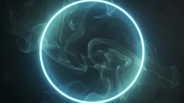 Cyan Neon Halo Ring Light Glowing Softly with Subtle Smoke Drift in Dark Space