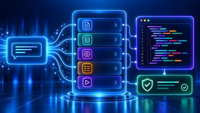 Autonomous software development workflow from chat prompt to database retrieval, cognitive logic, code compilation, and security shield validation