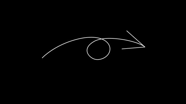 Sleek thin line loop arrow animation curling forward on a black background for turnaround direction, creative digital interface pointer, modern infographic sign and video navigation graphic.