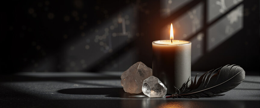 Dramatic candle crystal black feather shadows dark wall for websites, blogs, stationery design, clip art for postcards, and presentations about occult symbolism