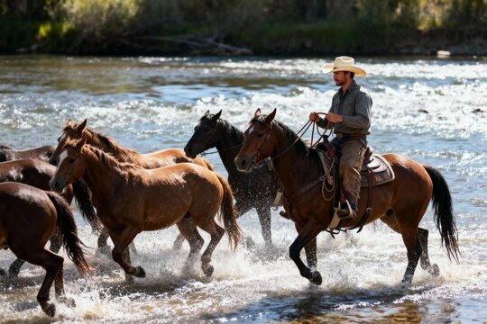 A man on horseback herds a group of horses through a flowing river in a natural outdoor setting.
