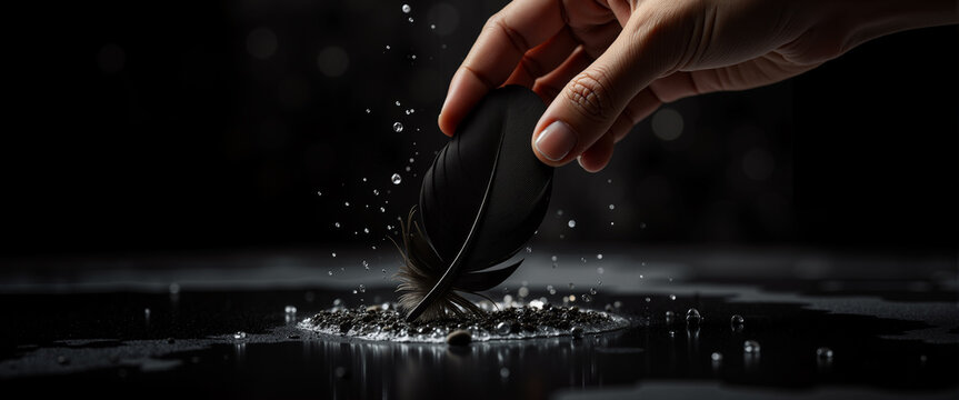 Hand dropping black feather on reflective surface with light for websites, blogs, clip art for postcards, stationery design, and educational materials about writing