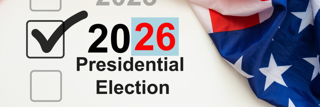 Concept of 2026 American Midterm Elections. Midterm Election sign in front of US flag 2026