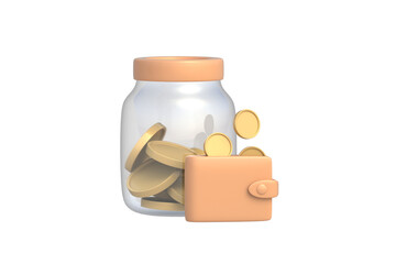 Home budget accumulation. Money management. Personal savings. Financial planning. Emergency fund creation. Glass jar full of coins beside billfold isolated on white background. 3d render © OlekStock