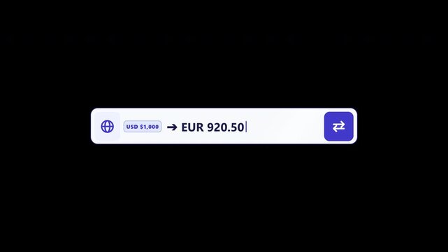 Professional currency exchange rate converter input field with live number typing and financial trading icon animation on transparent background