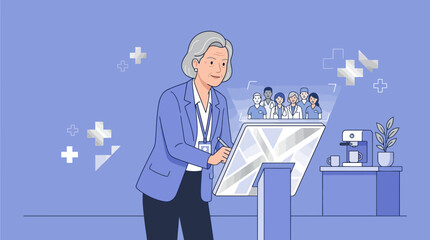 Obraz premium Senior woman interacting with digital display, healthcare team projected