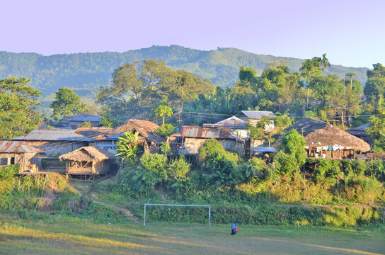 The traditional Hongpoi village of the Konyak tribe, inhabiting the state of Nagaland in eastern India.