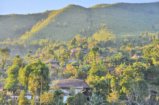 The traditional Hongpoi village of the Konyak tribe, inhabiting the state of Nagaland in eastern India.