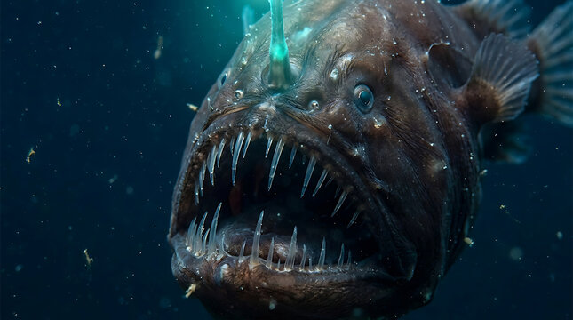 Terrifying deep sea anglerfish predator with sharp fangs and bioluminescent lure glowing in the dark abyss of the ocean