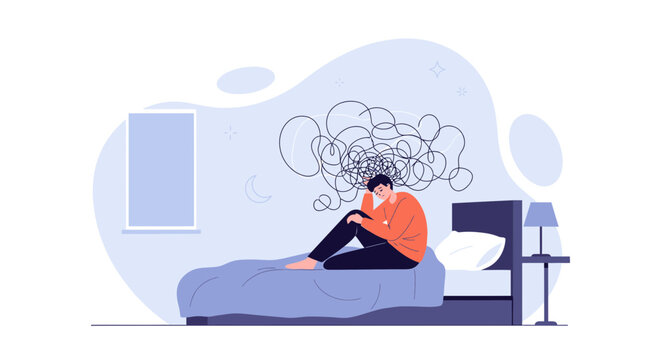 Man on bed with tangled thoughts, mental health, insomnia, anxiety concept