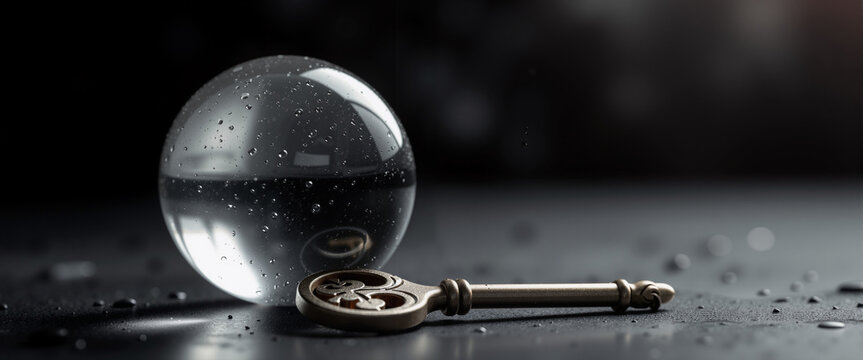 Macro crystal ball with small silver key resting nearby for websites, blogs, clip art for postcards, stationery design, and educational materials about divination