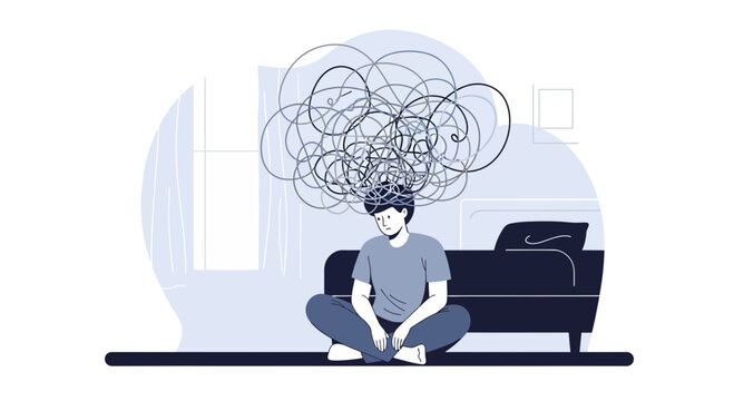 Frustrated person with tangled thoughts, mental health concept, transparent background
