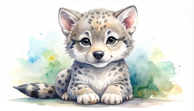 Adorable Watercolor Wolf Cub Illustration with Playful Spotted Fur.