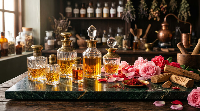 Luxury vintage glass perfume flacons, scented essential oils, fresh pink roses, and sandalwood blocks on polished green marble counter.   