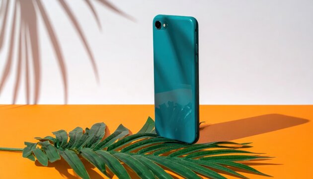 Stylish Teal Smartphone Displayed with Tropical Leaf and Shadow.