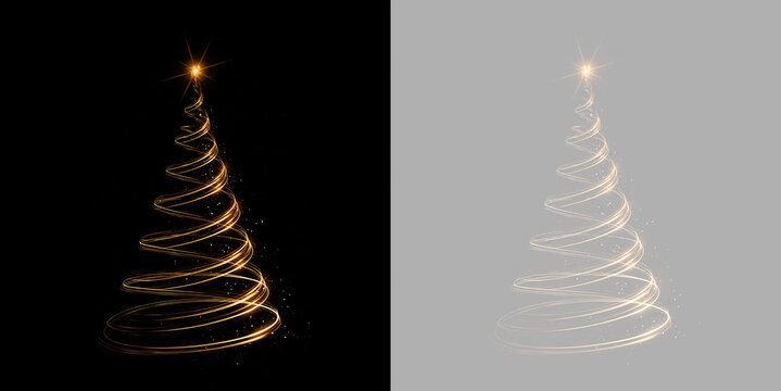 Abstract Christmas tree shape made of golden light swirls. Festive holiday glowing spiral effect on black background
