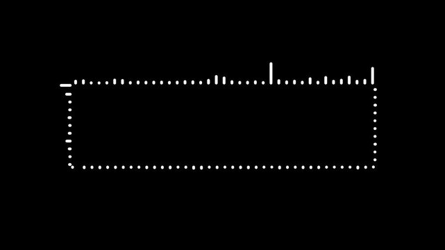 Outlined rectangular audio spectrum with tiny spikes responding to beat over a pitch dark stage. Excellent for subtle digital framing. Set blending modes to screen for seamless video masking.